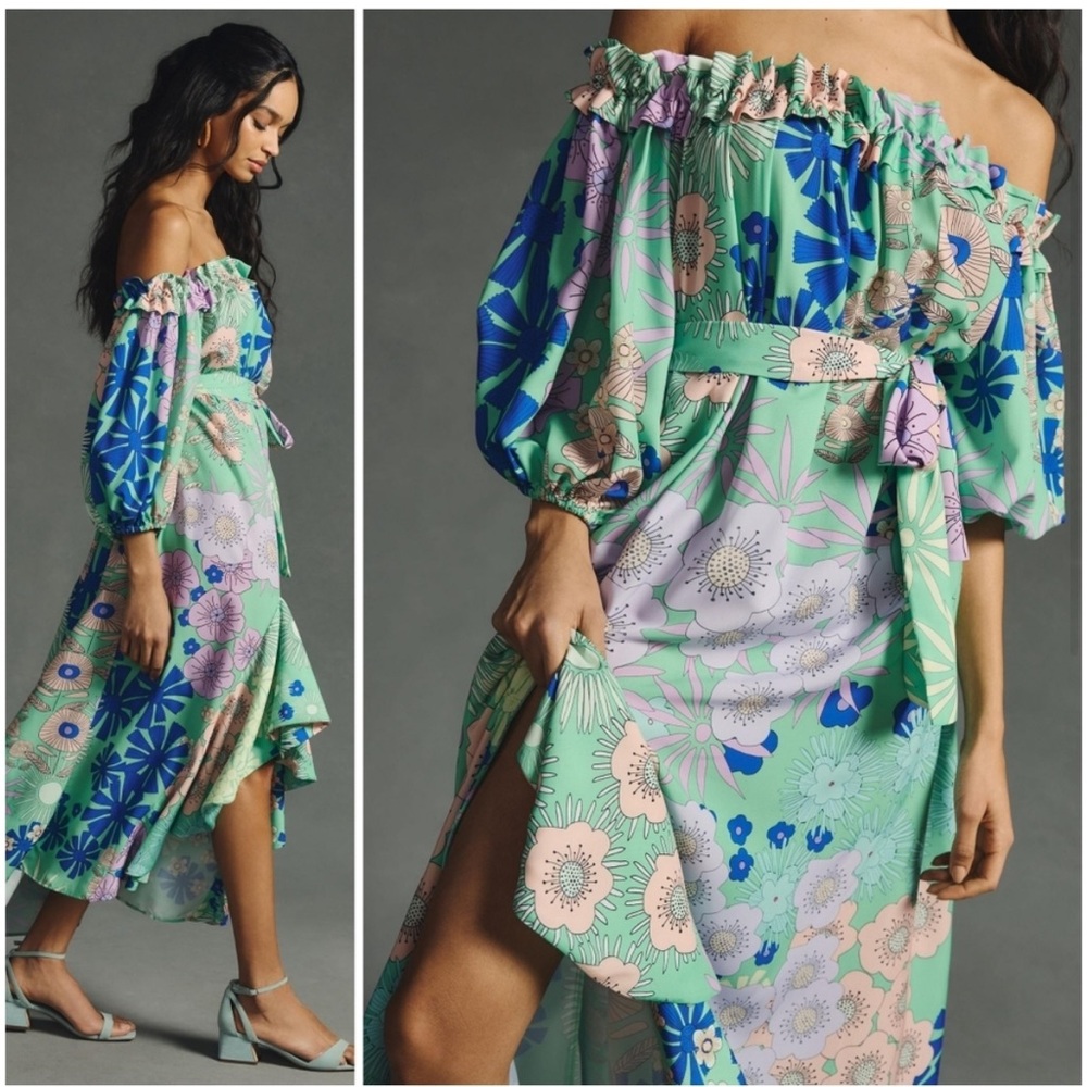 Oopscool NEW Anthropologie Floral Off-Shoulder Dress in Green and Blue size XS - Picture 2 of 11